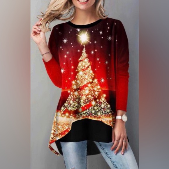 CHRISTMAS 🎄 TREE SUPER TRENDY ❤️RED❤️ TOP SIZE EXTRA LARGE 🌟LIKE NEW🌟 - Picture 1 of 12